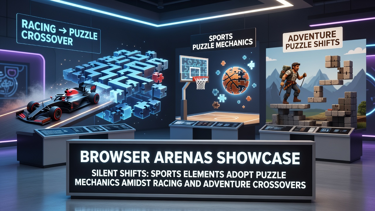 Browser gaming arena interface displaying integrated sports, puzzle, and racing elements in a multiplayer session
