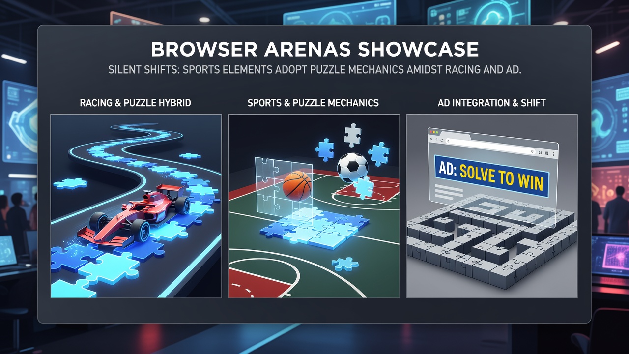 Multiplayer browser interface showing puzzle mechanics overlaid on sports and racing gameplay