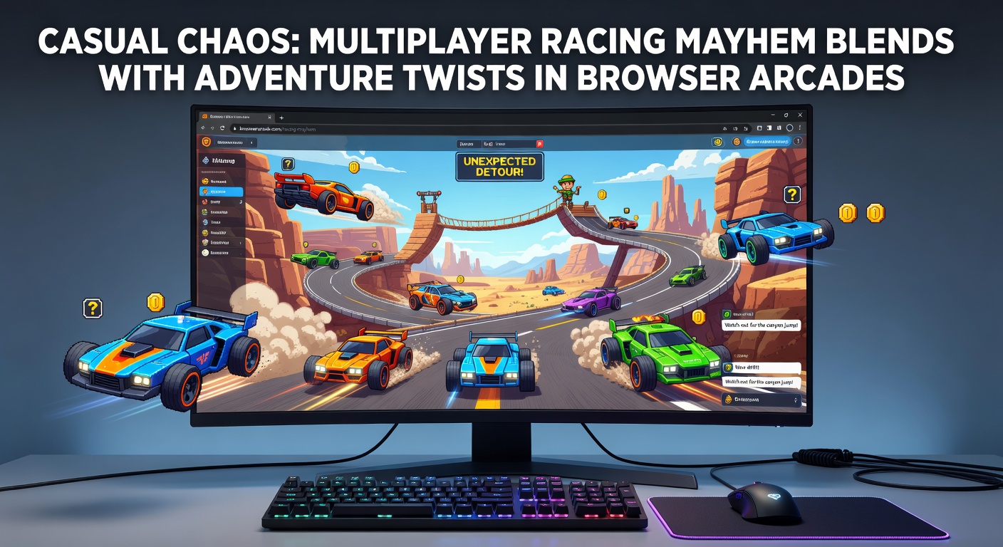 Vibrant screenshot of players racing through chaotic tracks with adventure obstacles in a browser multiplayer game, cars flipping and power-ups exploding amid colorful environments