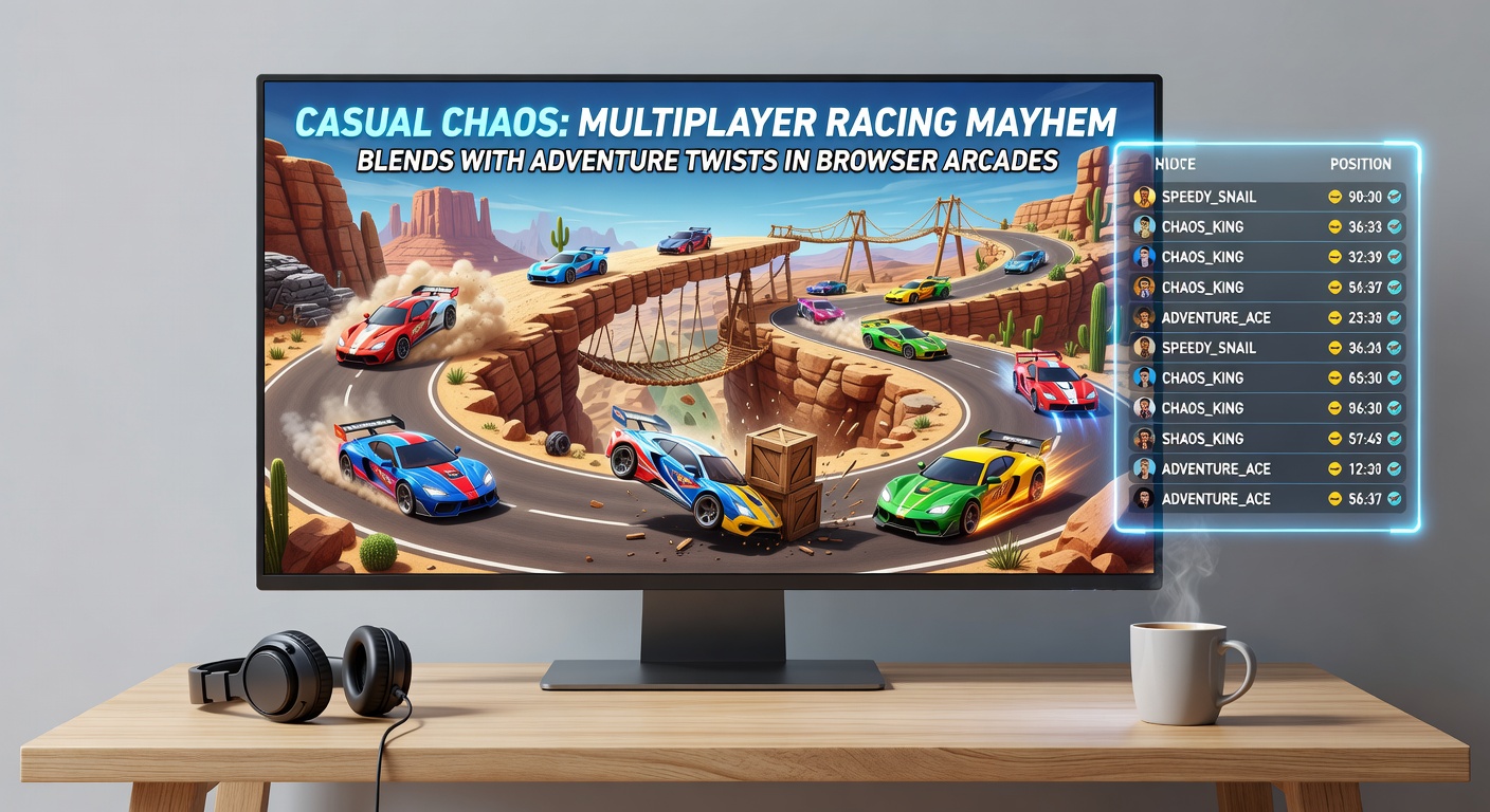 Dynamic in-game view of adventure-twisted racing, showing players navigating a fantasy landscape with jumps, collectibles, and rival cars in hot pursuit during a browser multiplayer session