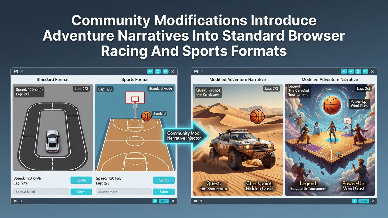 Browser racing interface showing overlaid adventure quest markers on a multiplayer track