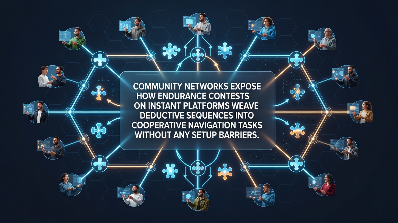 Community members collaborating on a browser-based endurance navigation challenge featuring integrated puzzle sequences