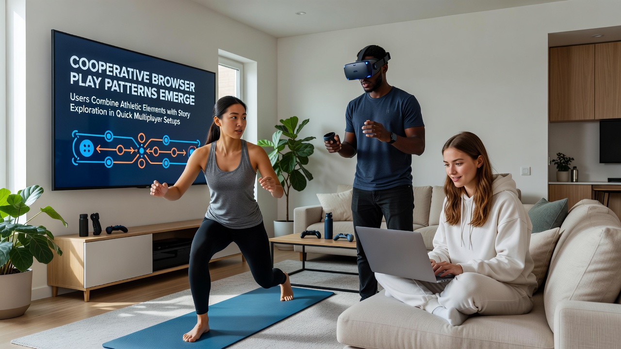 Users engage in cooperative browser gameplay that mixes athletic challenges with story exploration during quick multiplayer sessions