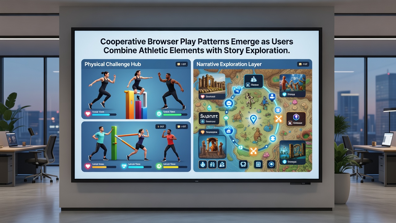 Multiplayer browser interface showing athletic coordination tasks alongside narrative decision prompts in a cooperative setup