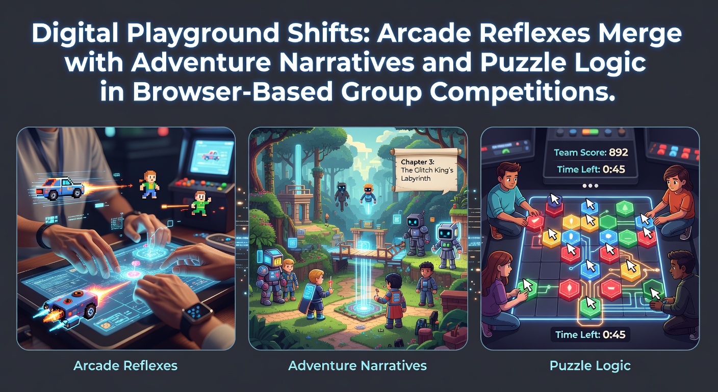 Browser game interface showing multiple players navigating an integrated arcade-adventure-puzzle environment in real time