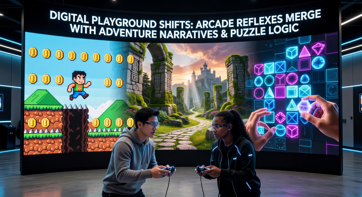 Group of browser players collaborating on a shared screen displaying merged reflex, narrative, and puzzle objectives