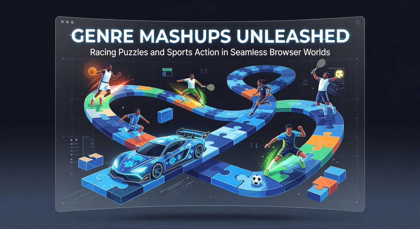 Vibrant browser game screenshot showing a hybrid racing track with puzzle elements and sports athletes in action