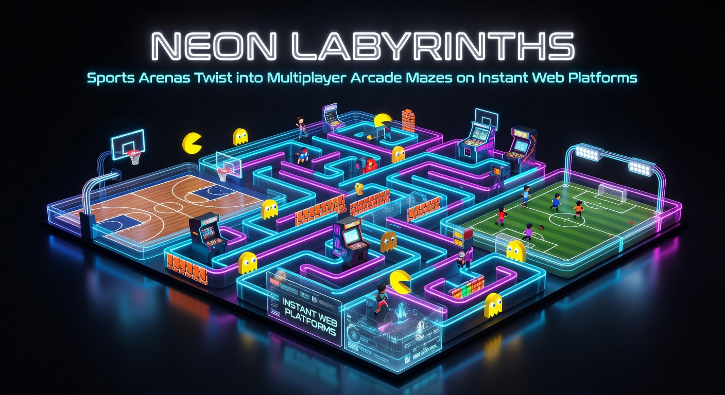 Vibrant neon-lit sports arena transformed into a twisting multiplayer maze, players navigating glowing paths in a browser-based arcade game