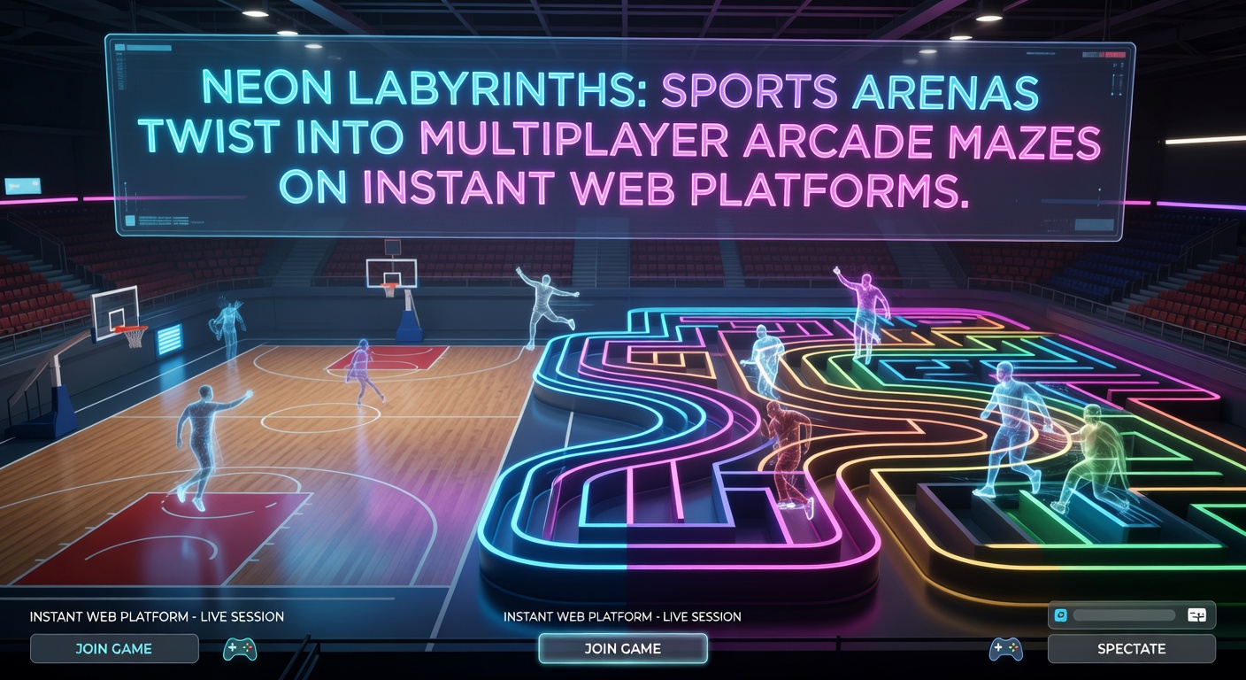 Group of players in a neon basketball arena maze, competing for glowing power-ups in an intense multiplayer browser session