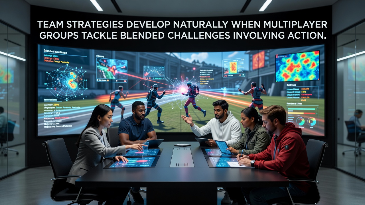 Players navigating a racing track segment that incorporates logic puzzle gates within a shared web arcade environment