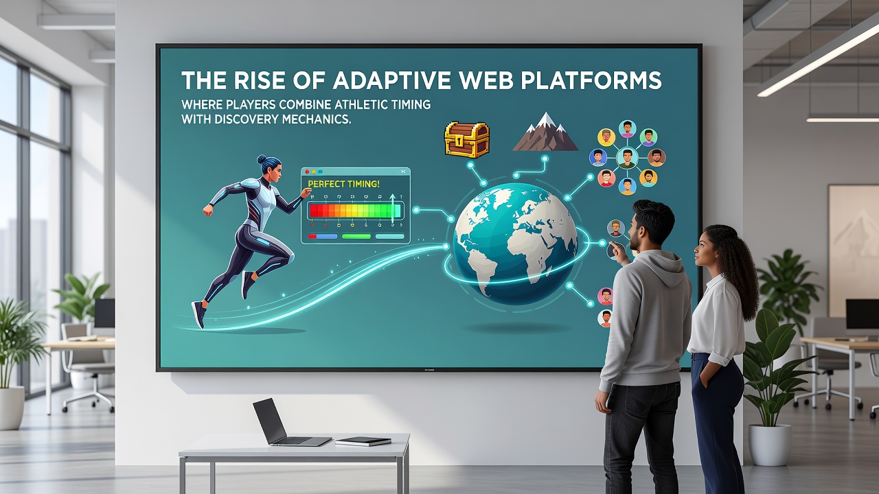 Group participants collaborate on a discovery-focused puzzle that requires athletic timing responses within an adaptive browser platform