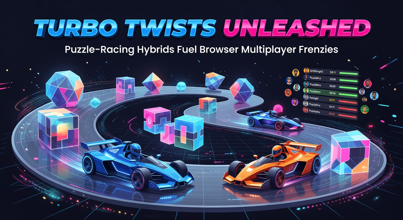 Dynamic screenshot of players racing through puzzle-filled tracks in a browser-based multiplayer game, with twisting paths and competitive leaderboards glowing on screen