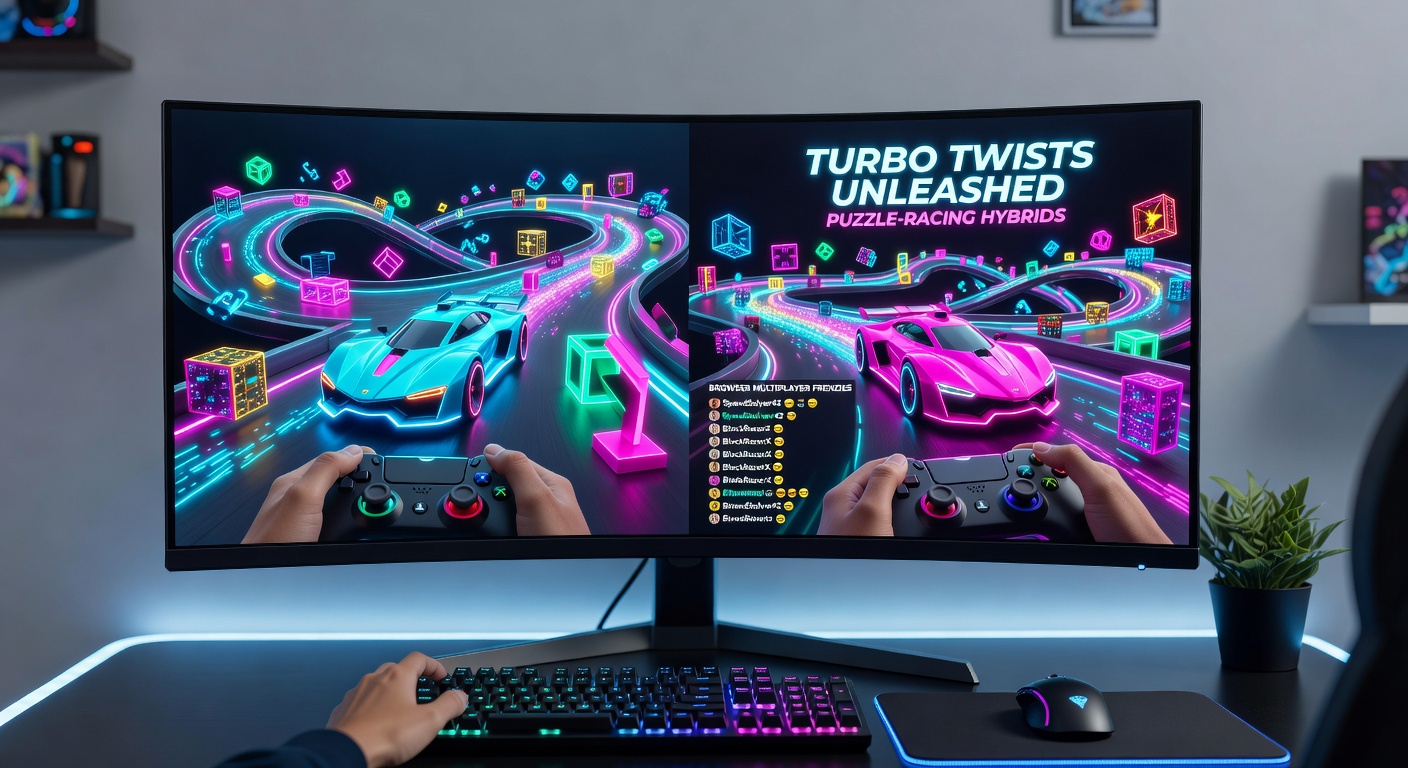 Close-up of a multiplayer puzzle-racing showdown, showing four player vehicles navigating a labyrinthine track filled with glowing puzzle nodes and explosive obstacles