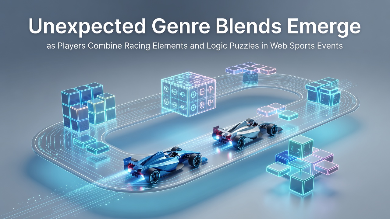 Web interface showing a hybrid racing and puzzle sports event with players navigating tracks while solving logic gates